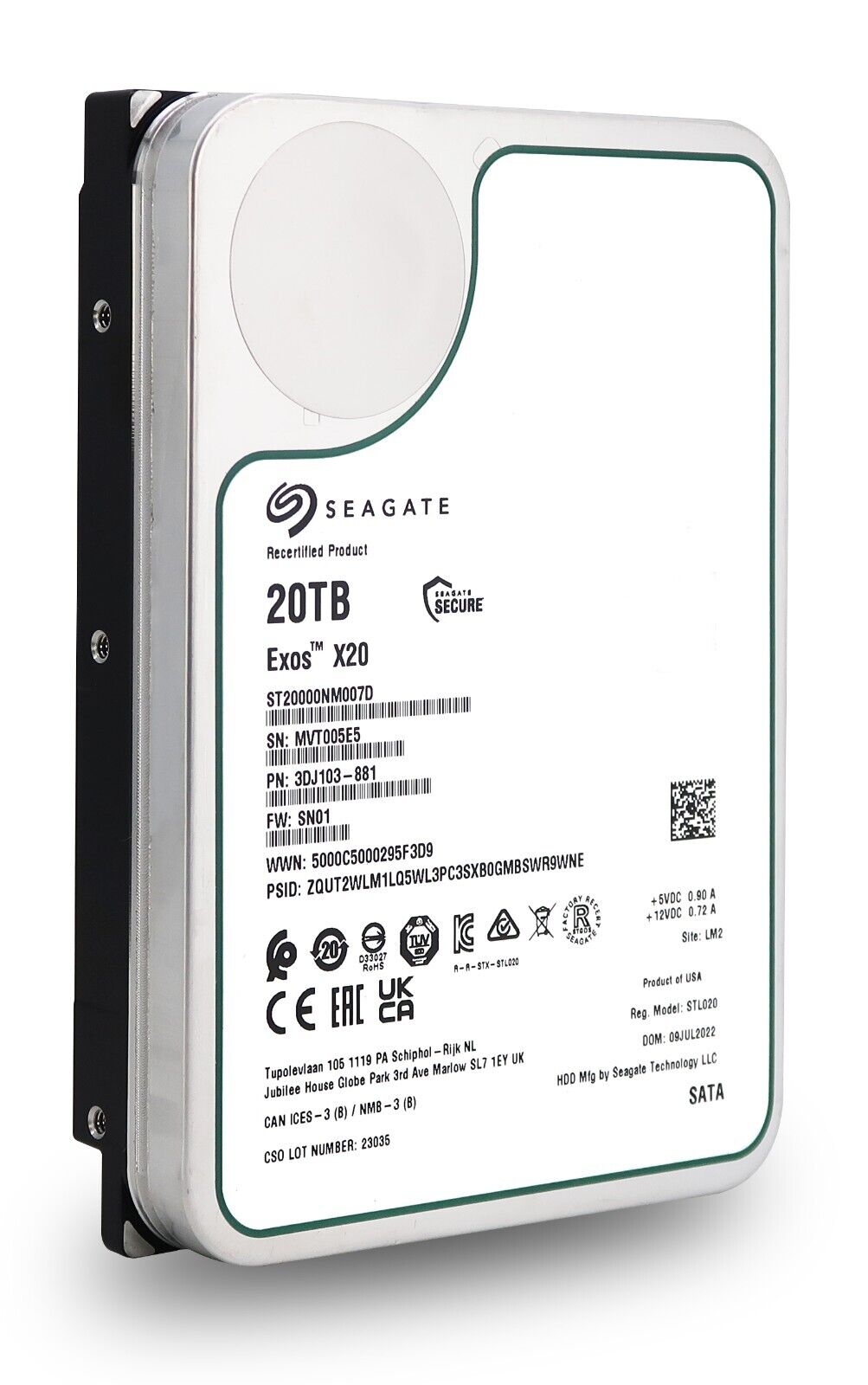 Seagate Exos X20 20TB Standard Enterprise 512e/4Kn SATA 6Gb/s 7200RPM ...